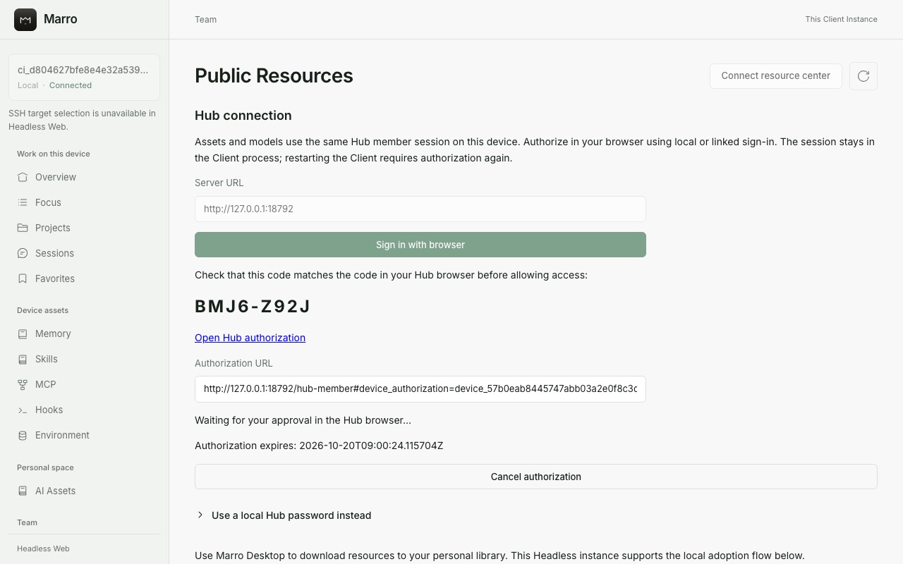 The Client shows a code and waits for your approval on the Hub